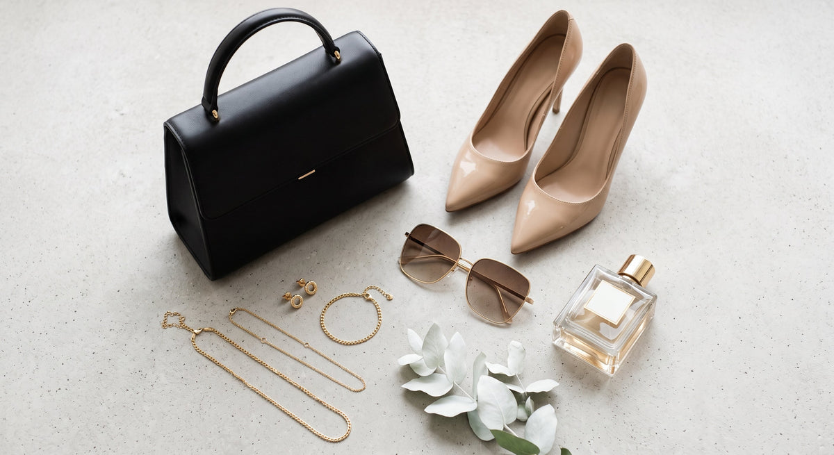 Nayyar Collections women fashion accessories collection featuring black handbag, nude high heels, gold jewelry, sunglasses, and perfume