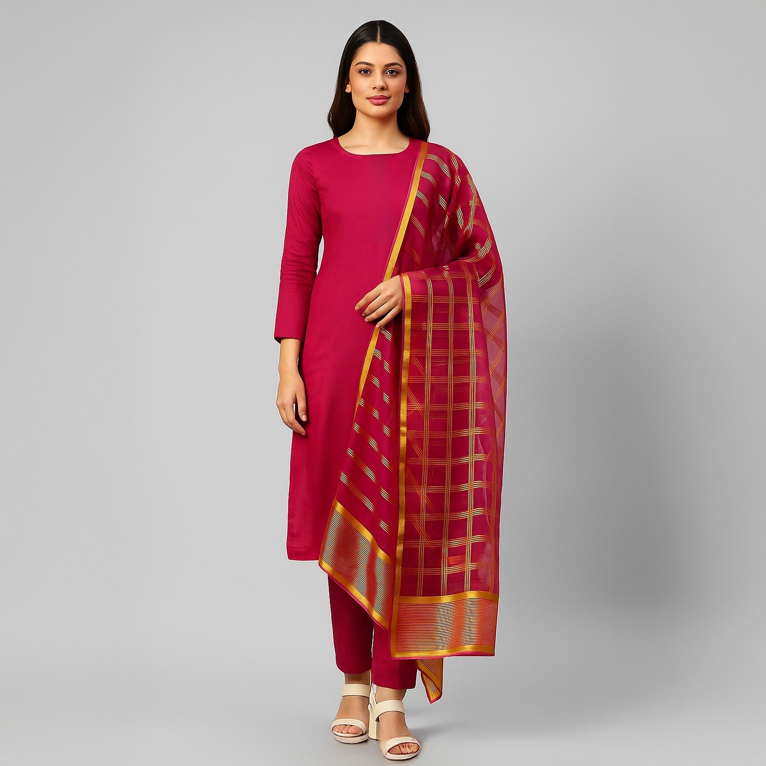 Premium Katan Silk Unstitched 3 Piece Suit With Organza Dupatta For Women -