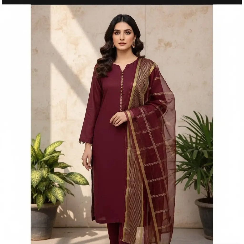 Premium Katan Silk Unstitched 3 Piece Suit With Organza Dupatta For Women -