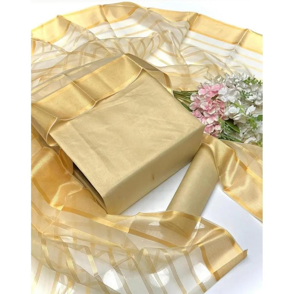 Premium Katan Silk Unstitched 3 Piece Suit With Organza Dupatta For Women -