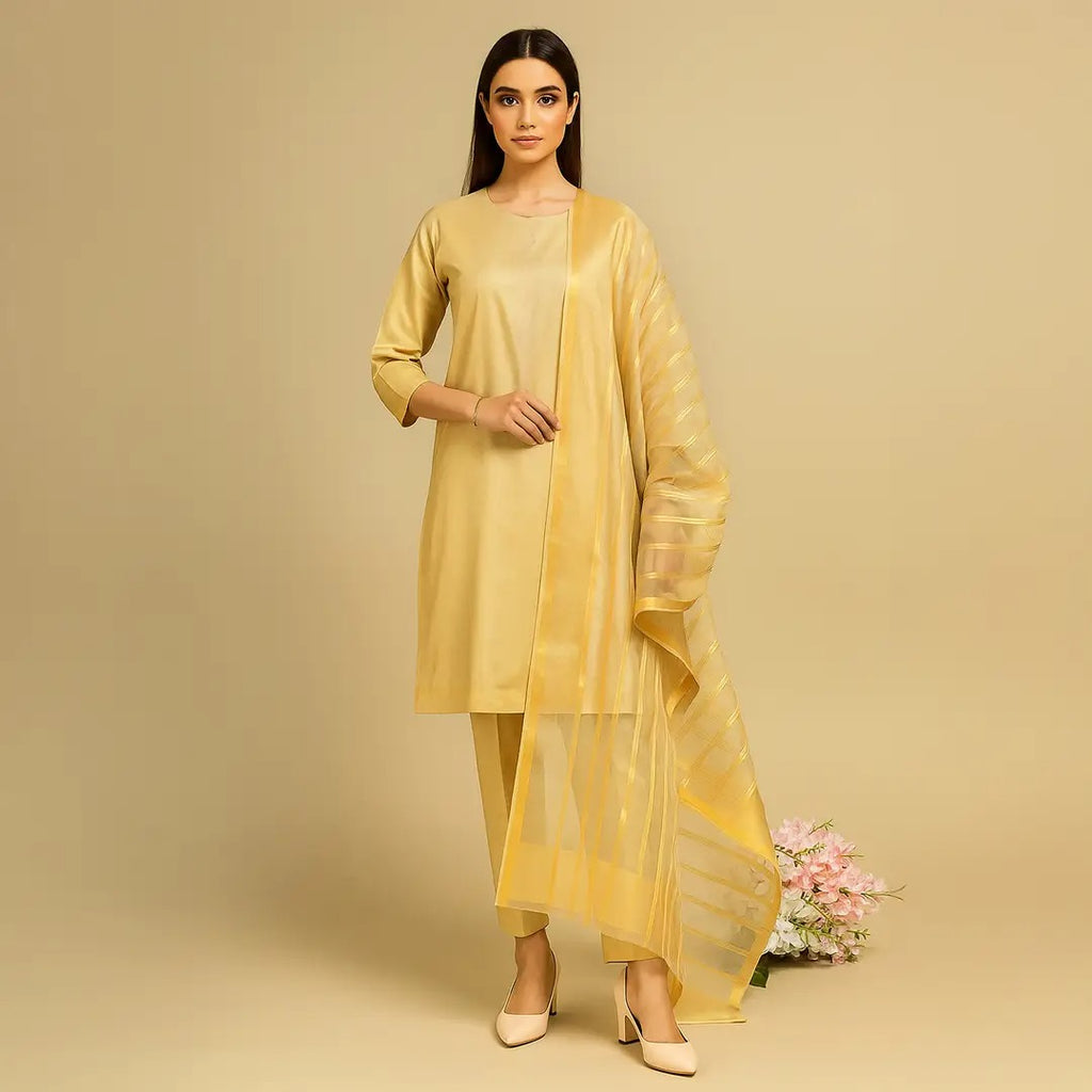 Premium Katan Silk Unstitched 3 Piece Suit With Organza Dupatta For Women -
