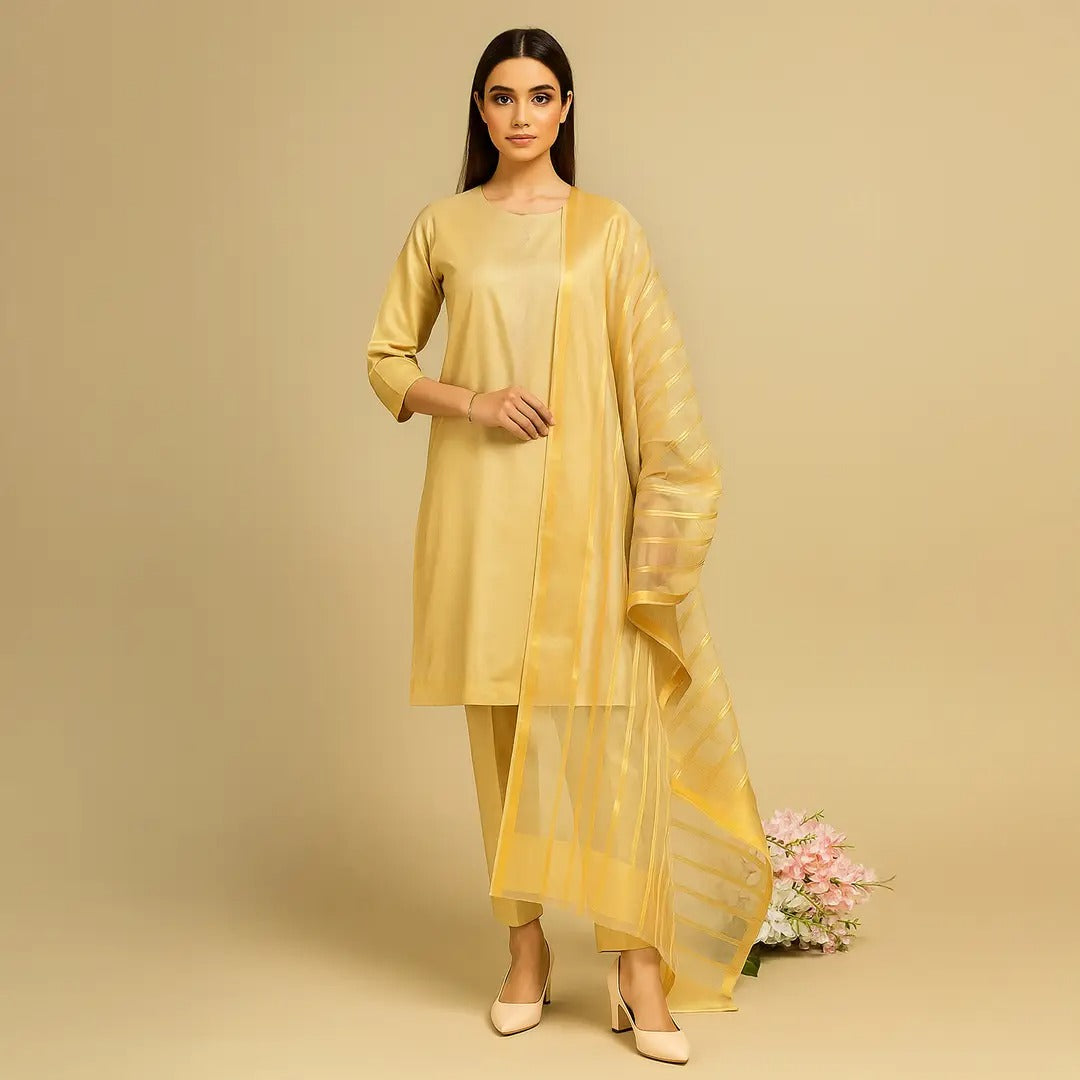 Premium Katan Silk Unstitched 3 Piece Suit With Organza Dupatta For Women -