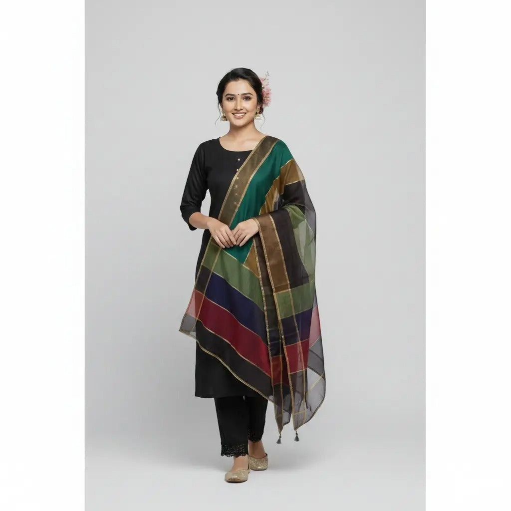 Premium Katan Silk Unstitched 3 Piece Suit With Organza Dupatta For Women -