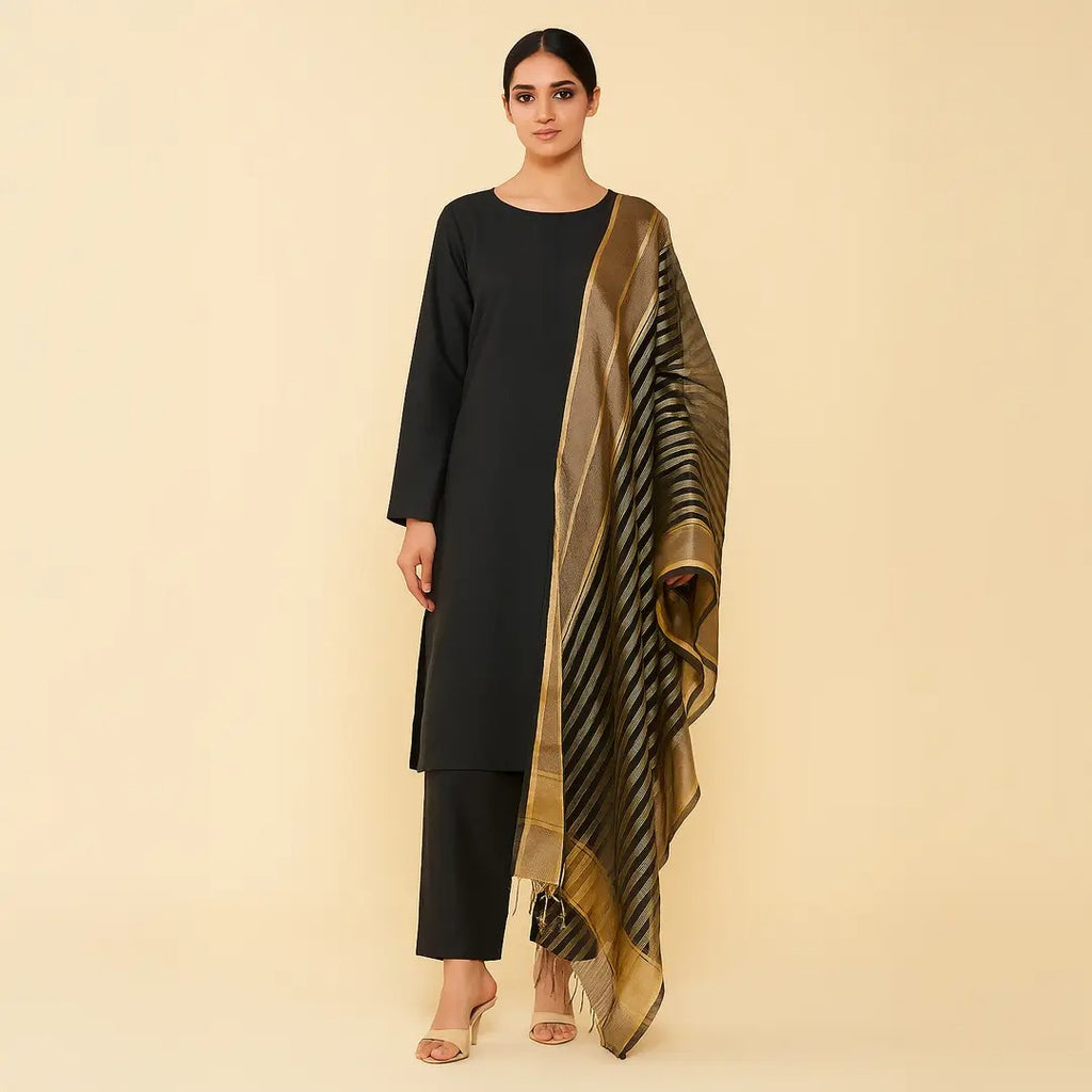 Premium Katan Silk Unstitched 3 Piece Suit With Organza Dupatta For Women -