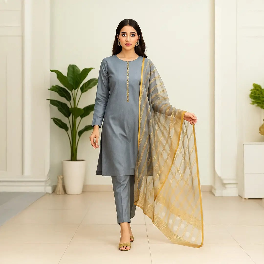 Premium Katan Silk Unstitched 3 Piece Suit With Organza Dupatta For Women -