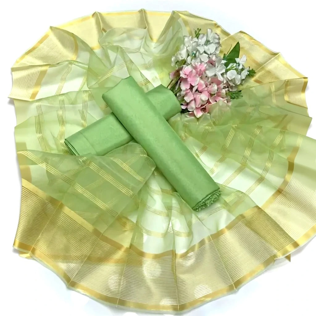 Premium Katan Silk Unstitched 3 Piece Suit With Organza Dupatta For Women -