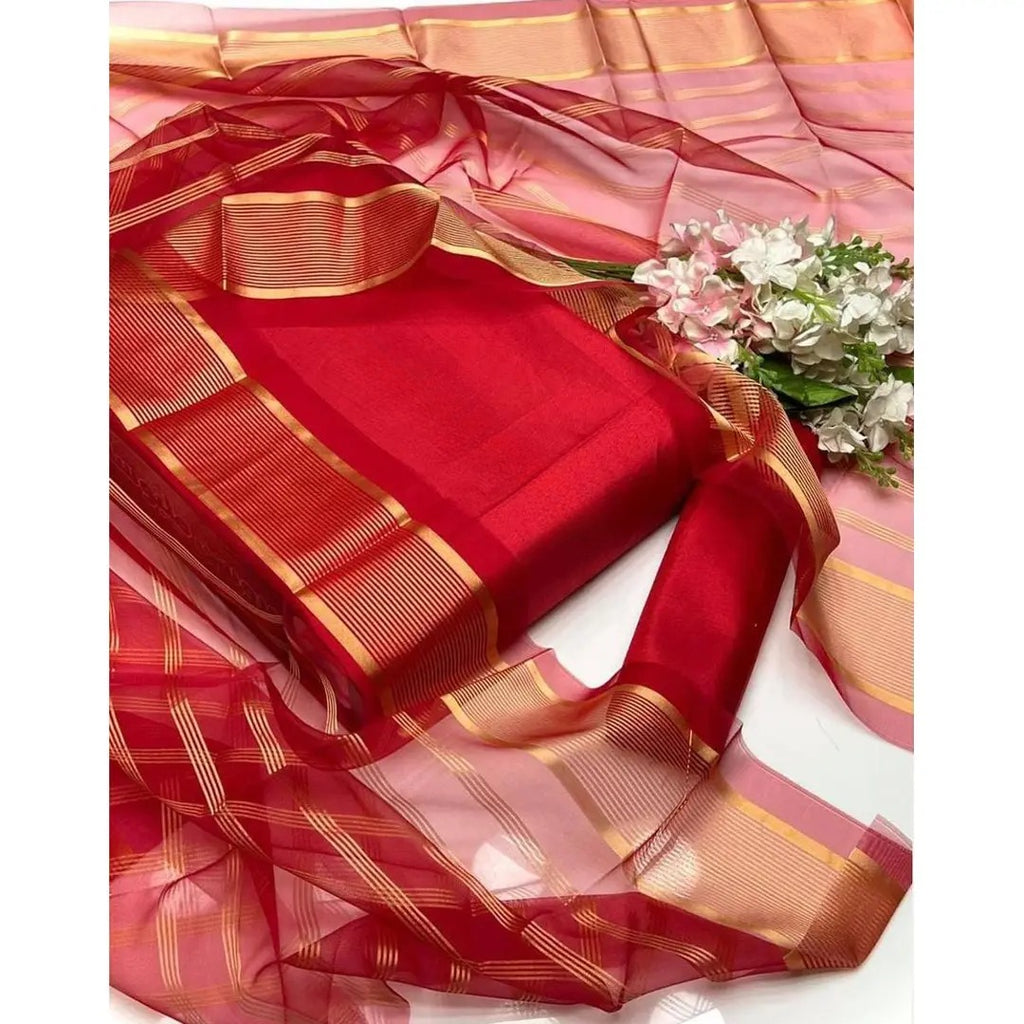 Premium Katan Silk Unstitched 3 Piece Suit With Organza Dupatta For Women -