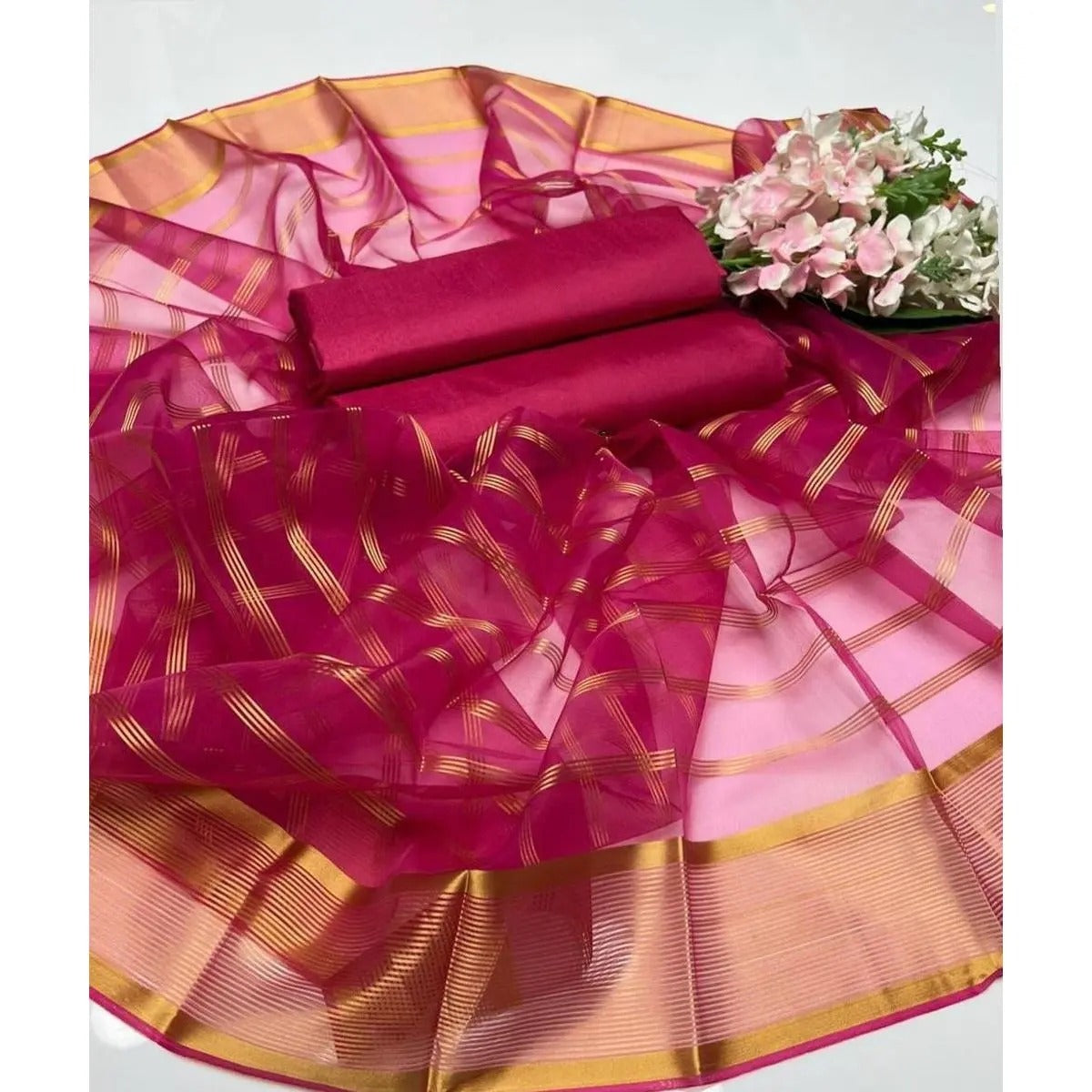 Premium Katan Silk Unstitched 3 Piece Suit With Organza Dupatta For Women -