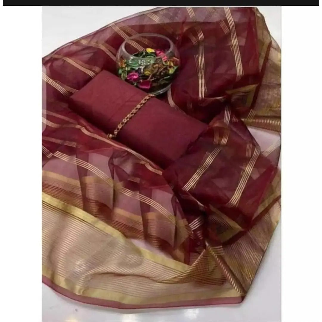 Premium Katan Silk Unstitched 3 Piece Suit With Organza Dupatta For Women -