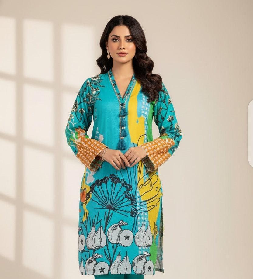 1 Piece Unstitched Digital Swiss Lawn Shirt For Girls & Women 2.5 Yard Shirt Cutting - Blue