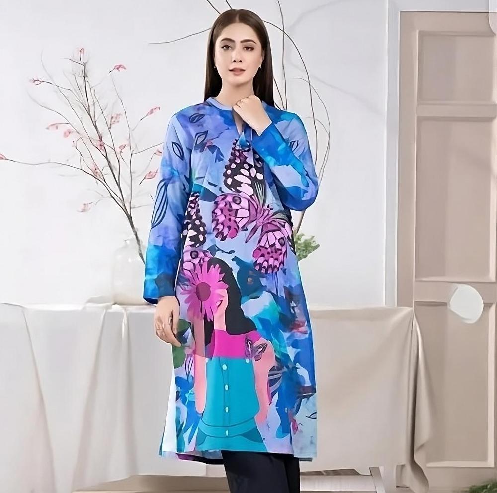1 Piece Unstitched Digital Swiss Lawn Shirt For Girls & Women 2.5 Yard Shirt Cutting - Blue
