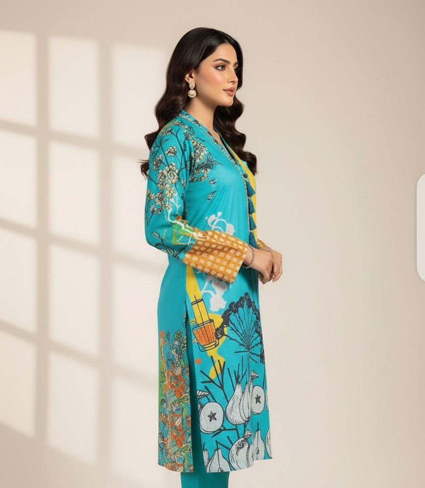 1 Piece Unstitched Digital Swiss Lawn Shirt For Girls & Women 2.5 Yard Shirt Cutting - Blue