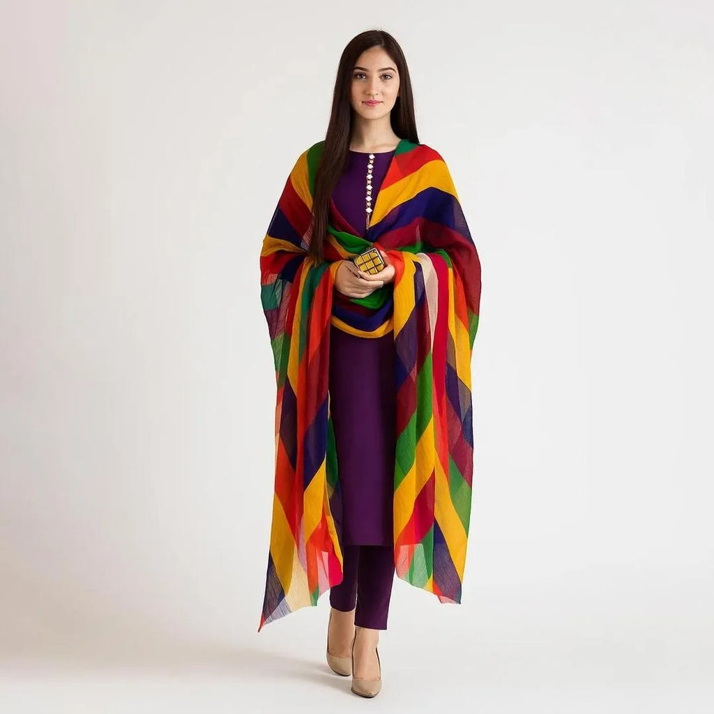 Unstitched 3-Pcs Katan Silk Suit with Multi-Color Organza Chunri Dupatta for Women