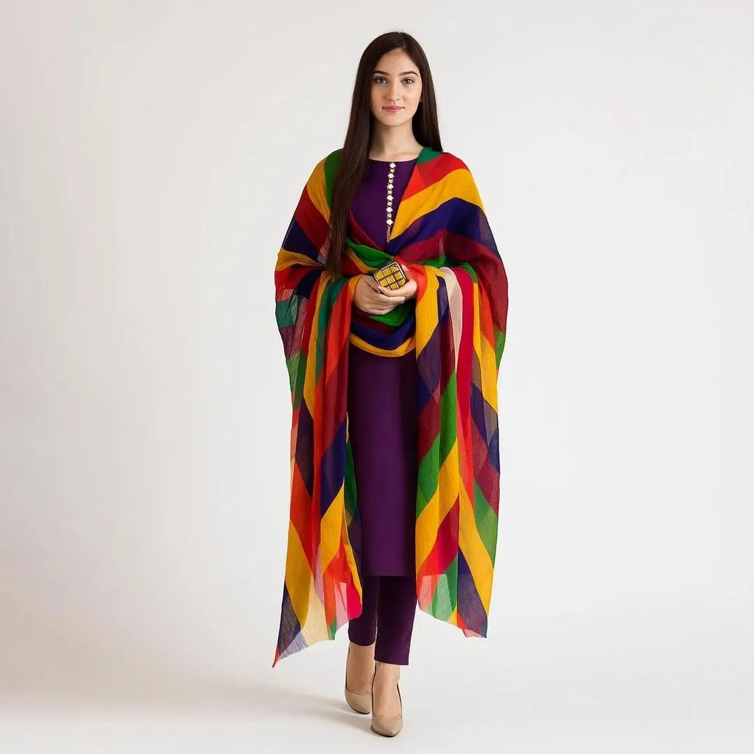 Unstitched 3-Pcs Katan Silk Suit with Multi-Color Organza Chunri Dupatta for Women
