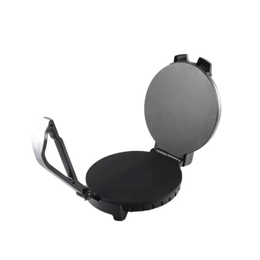 Black waffle maker on a white background
